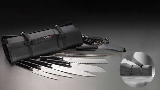 
                    Messertasche Shun mit Schleifgerät mit Kai Shun Messern und sknife Messerschärfer