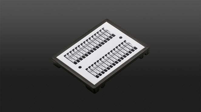 
                    Râpe à julienne équipée de trois inserts interchangeables: celui-ci est pour des lamelles de légumes fines de 1,5 x 1,5 mm