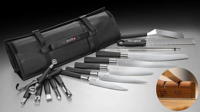 
                    Messerkoffer Lehrling mit Kai Wasabi Messern, sknife Schleifgerät und Küchenaccessoires